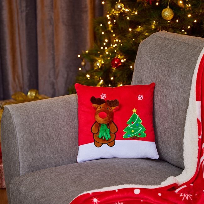 Reindeer Square Cushion - Red/Green