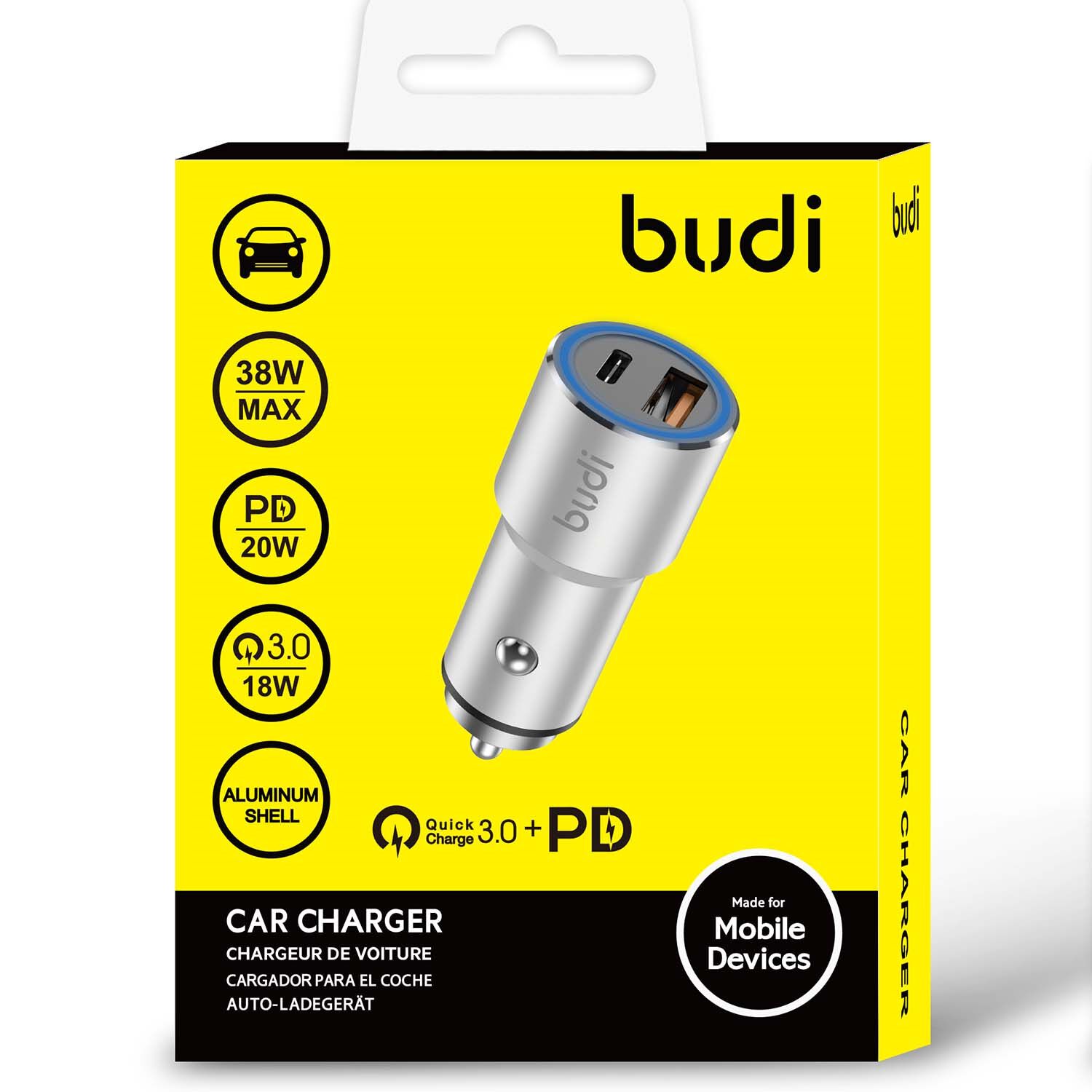 Budi Silver USB C Type Fast Car Charger