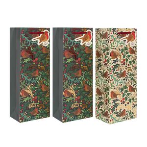 3 Christmas Bottle Bags - Green Robin