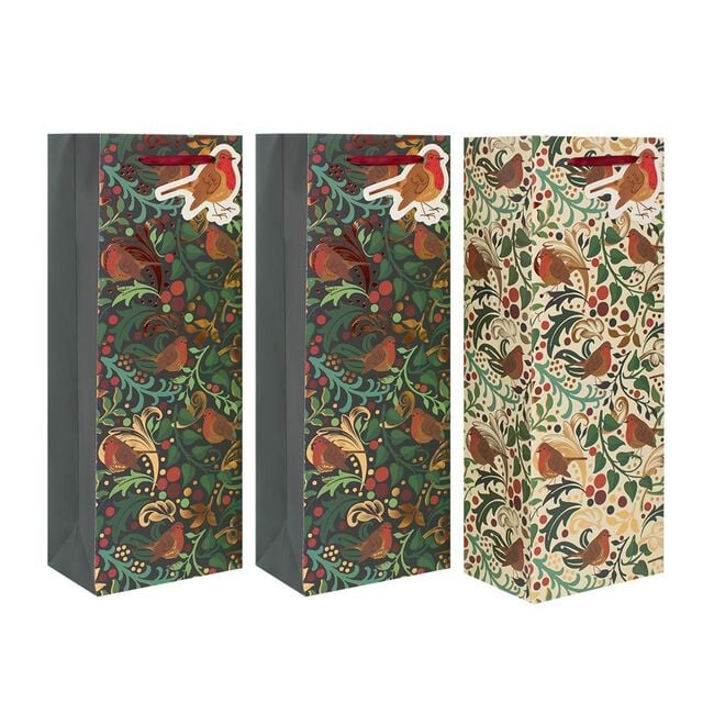 3 Christmas Bottle Bags - Green Robin