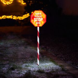Santa Stop Here Path Sign With Red & White Stem