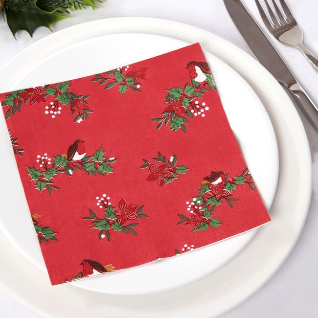 Robin and Poinsettia Napkins - 20 Pack