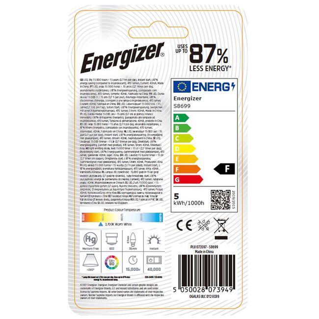 Energizer B22 LED Candle Bulb Opal 5.9W (EQ40W)