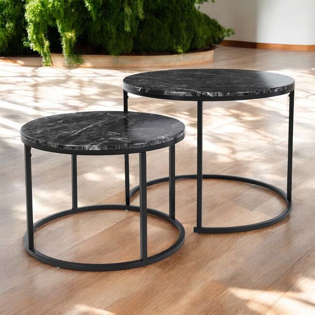 Set of 2 Side Tables Medium - Marble Finish Black