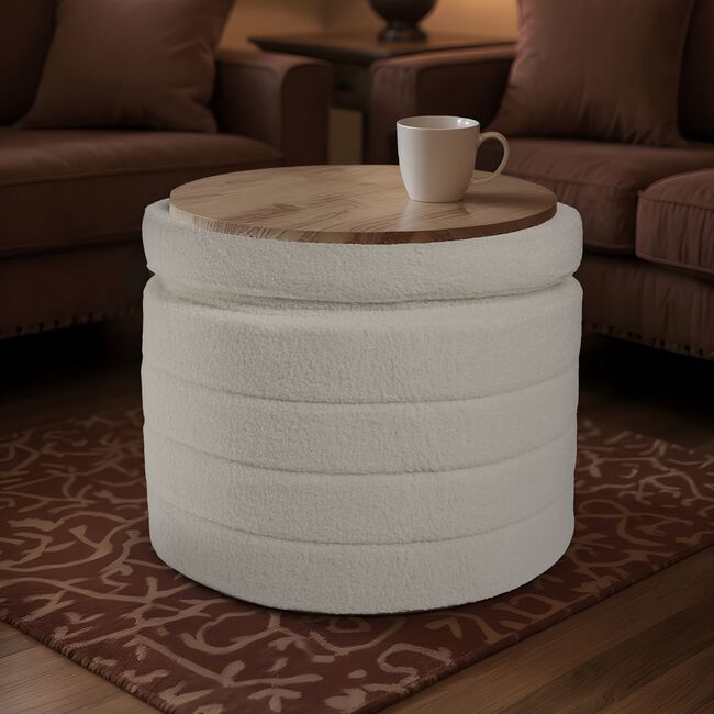 BOUCLE NATURAL FOLDING STORAGE Ottoman with Table