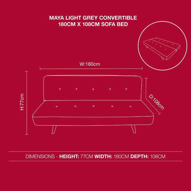 Maya Light Grey Convertible 180cm x 108cm Sofa Bed