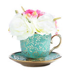 Rose Bouquet in Teal Cup w/ Gold Detail 14cm