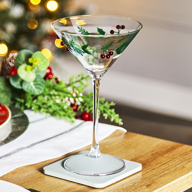 The Jolly Sleigh Holly Leaves Berry Martini Glass