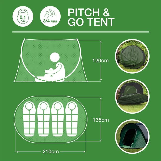 3/4 Person Pitch & Go Tent - Green