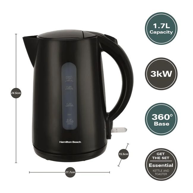 HAMILTON BEACH ESSENTIALS 1.7L BLACK Rapid Boil Kettle