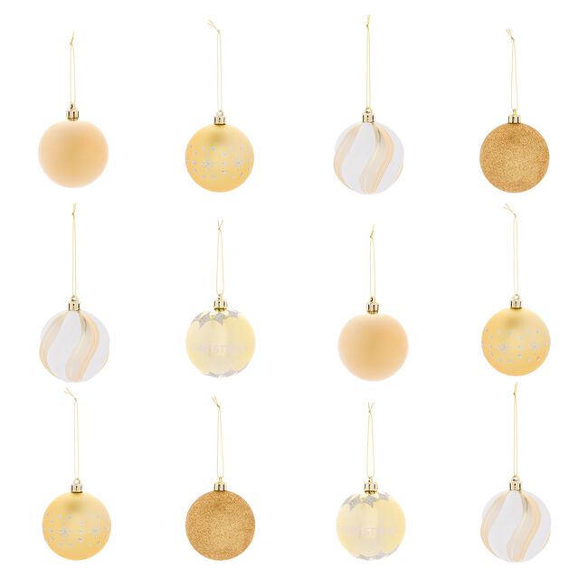12 Pack Gold & White Bauble Set