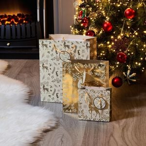 3 Gift Bags - Gold Reindeer