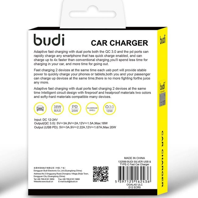 Budi Silver USB & C Type Fast Car Charger