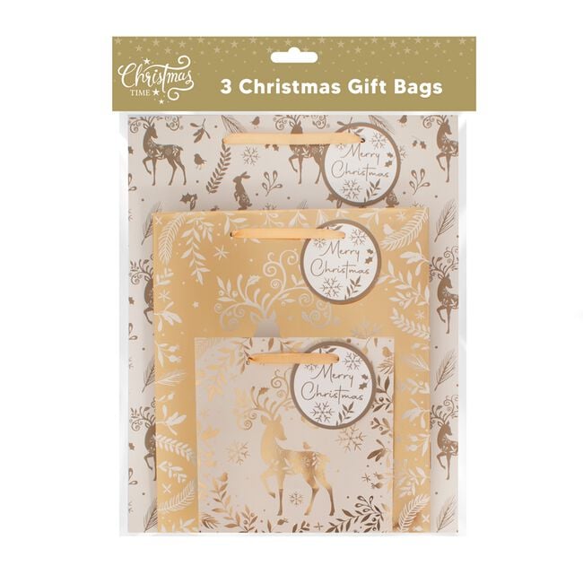 3 Gift Bags - Gold Reindeer