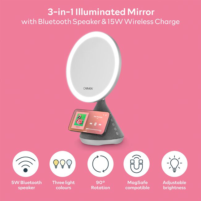 Carmen 3 in 1 LED MIrror WIth Bluetooth Speaker