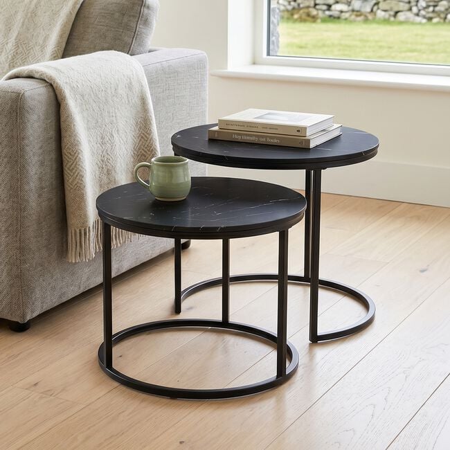 Black Marble Style Set of 2 Tables
