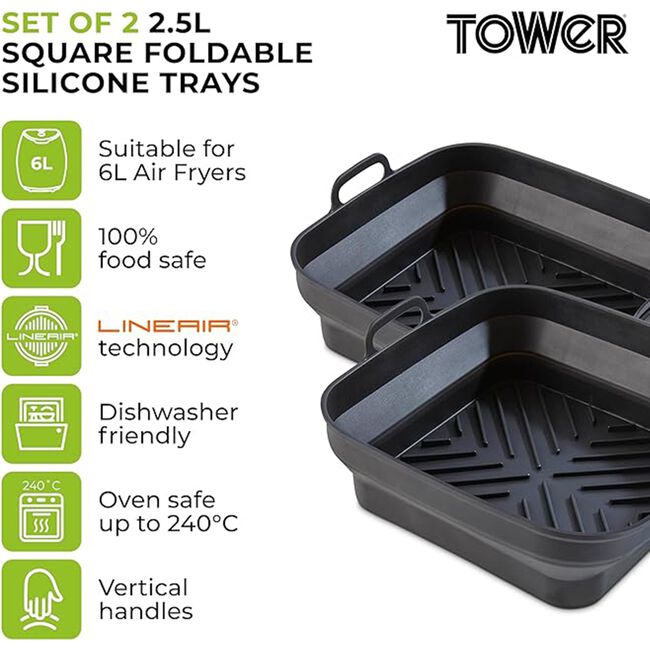 Tower Black Square Foldable Air Fryer Trays - 2pk