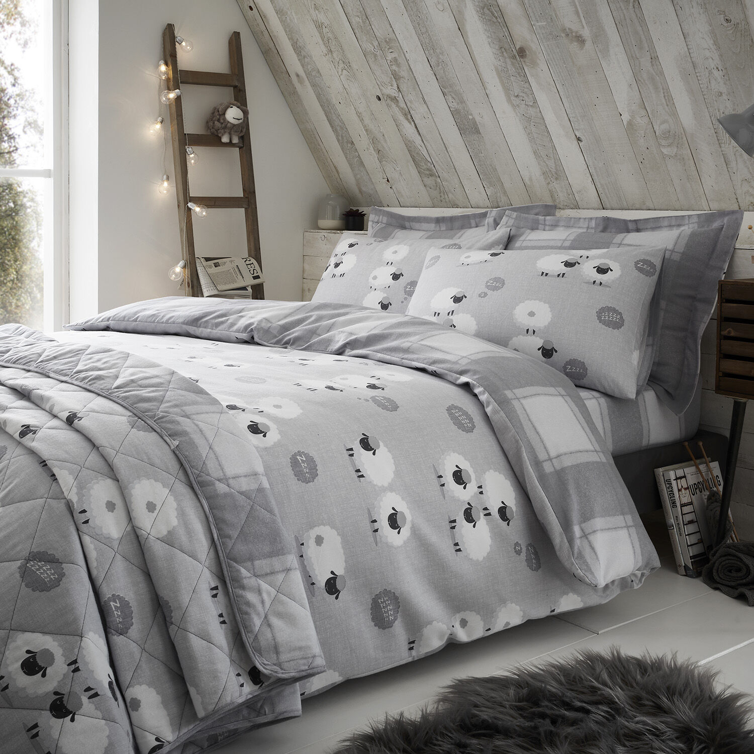 Brushed Cotton Snoozy Sheep Bed Linen, Grey Super King Bed Covers
