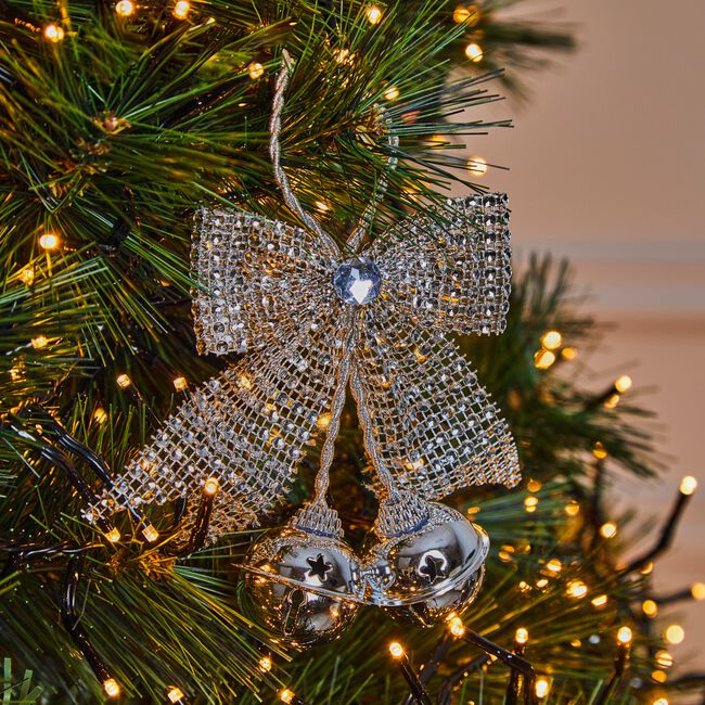 Silver Bow with Bells Christmas Tree Decoration