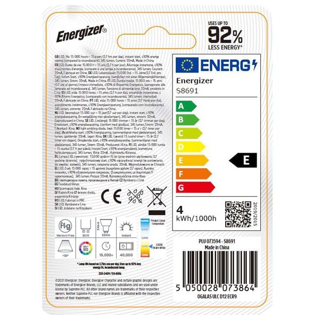 Energizer GU10 LED Bulb 3.6W (EQ50W) 375LM