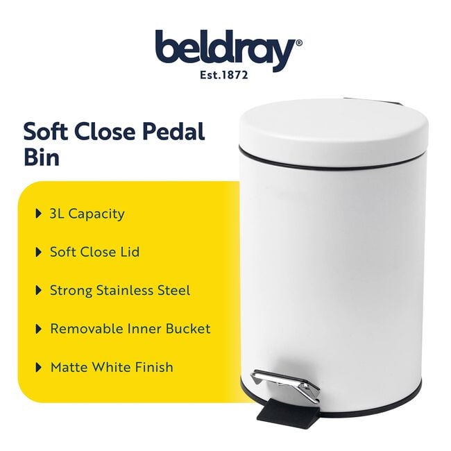 BELDRAY 3 LITRE WHITE SOFT-Close Pedal Bin