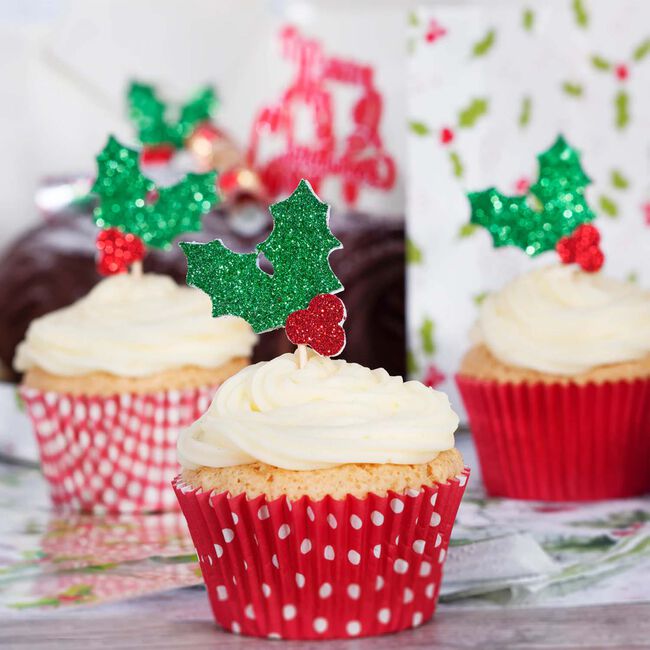 Holly Glitter 12 Cupcake Toppers 