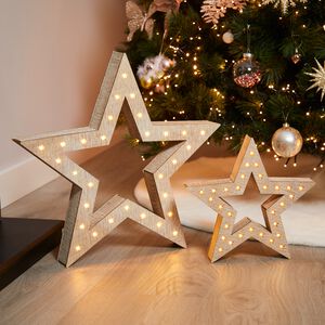 Set Of 2 Light Up Christmas Wooden Stars