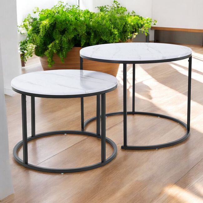 Set of 2 Side Tables Medium - Marble Finish White