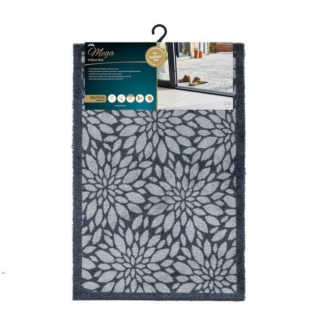 JVL Flowers Black/Grey Mega Mat 50cm x 75cm