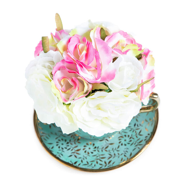 Rose Bouquet in Teal Cup w/ Gold Detail 14cm