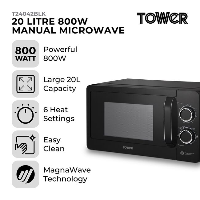 Tower 800W Black 20L Manual Microwave 