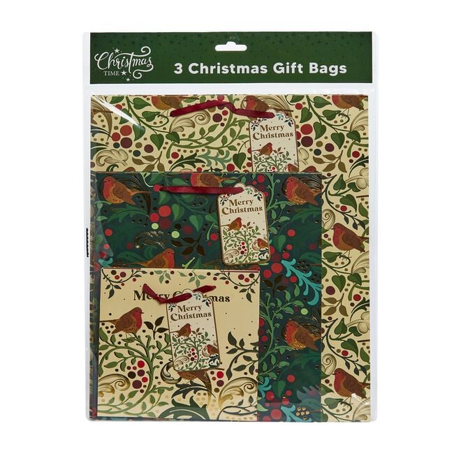 3 Christmas Gift Bags - Green Robin