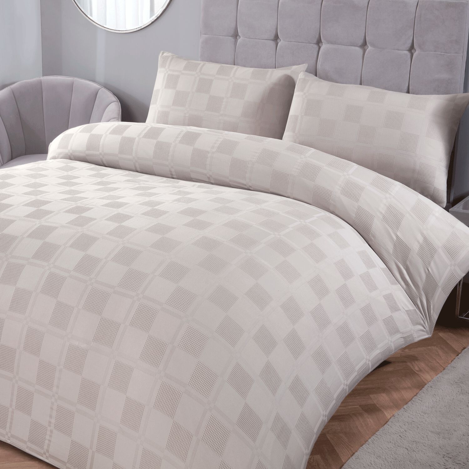 DOUBLE DUVET COVER Waffle Squares Jacquard Silver
