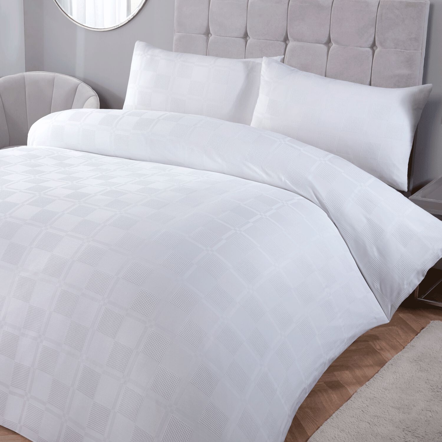 KING SIZE DUVET COVER Waffle Squares Jacquard White