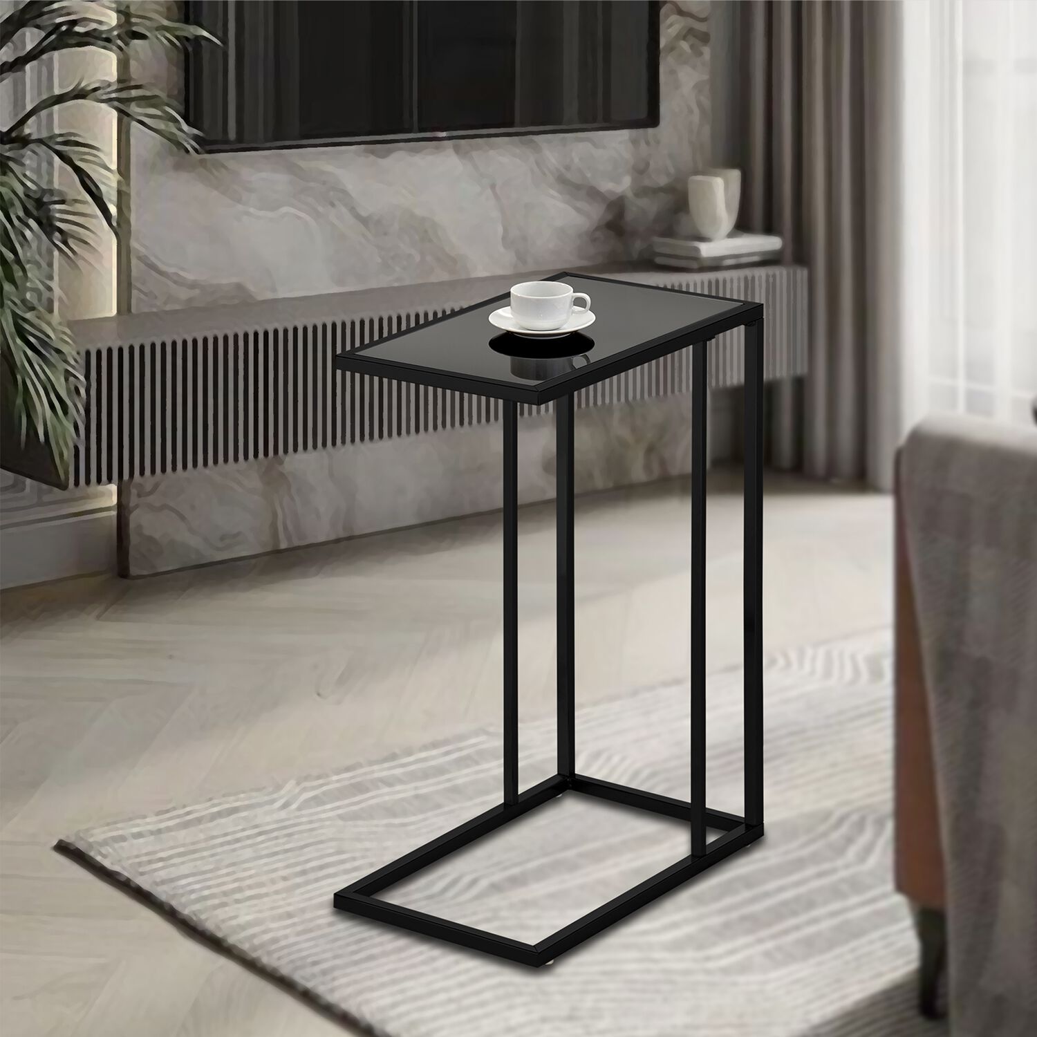 Black End Table With Black Glass Top