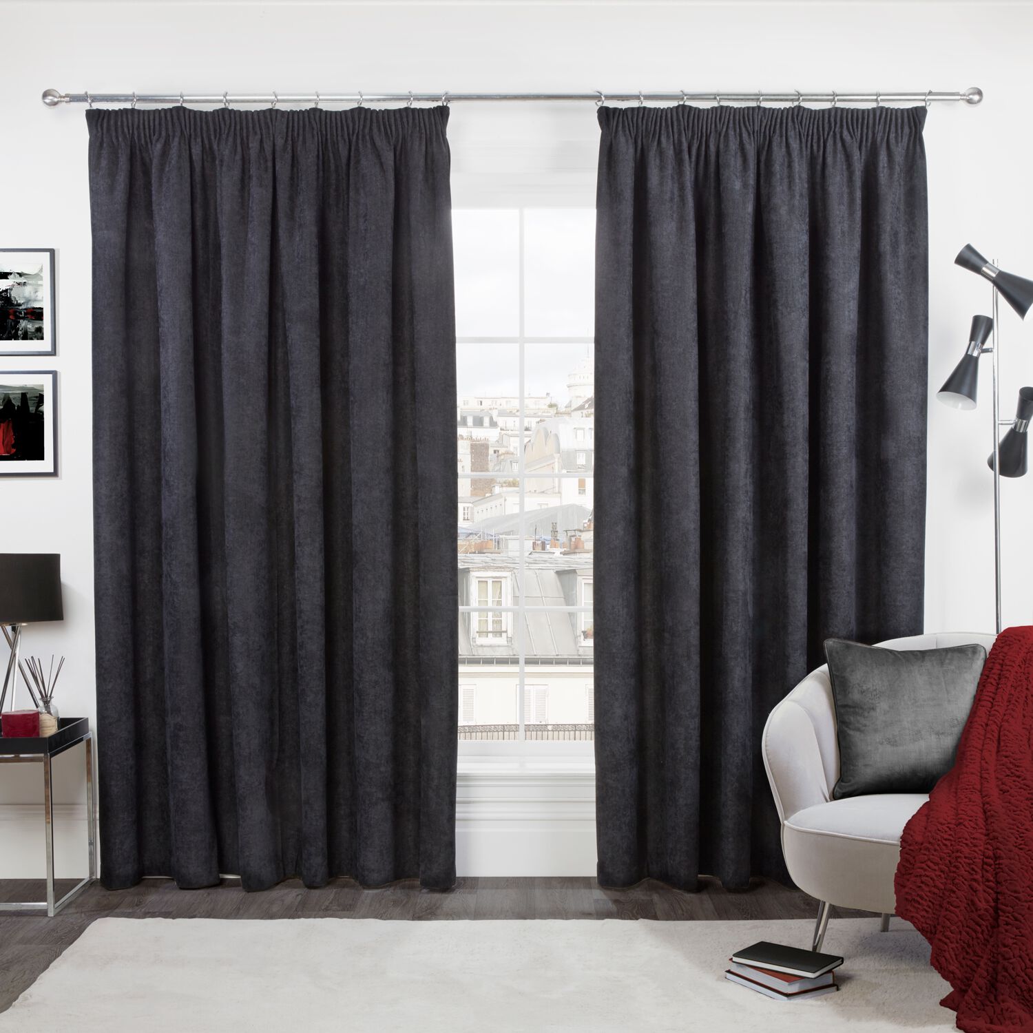 PENCIL PLEAT BLACKOUT & THERMAL HERRINGBONE BLACK 66x72 Curtain