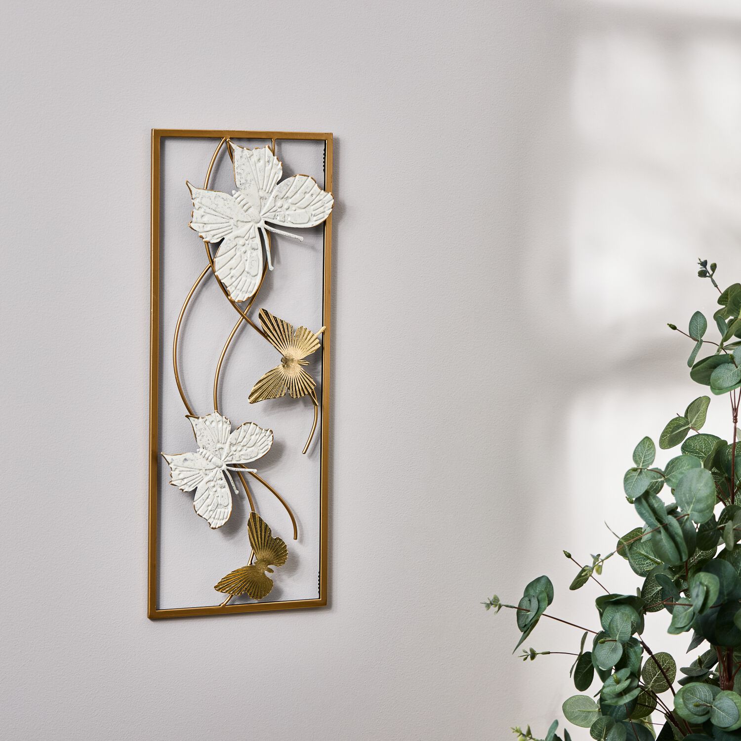 Butterfly White & Gold Metal Wall Art 20cm X 50cm