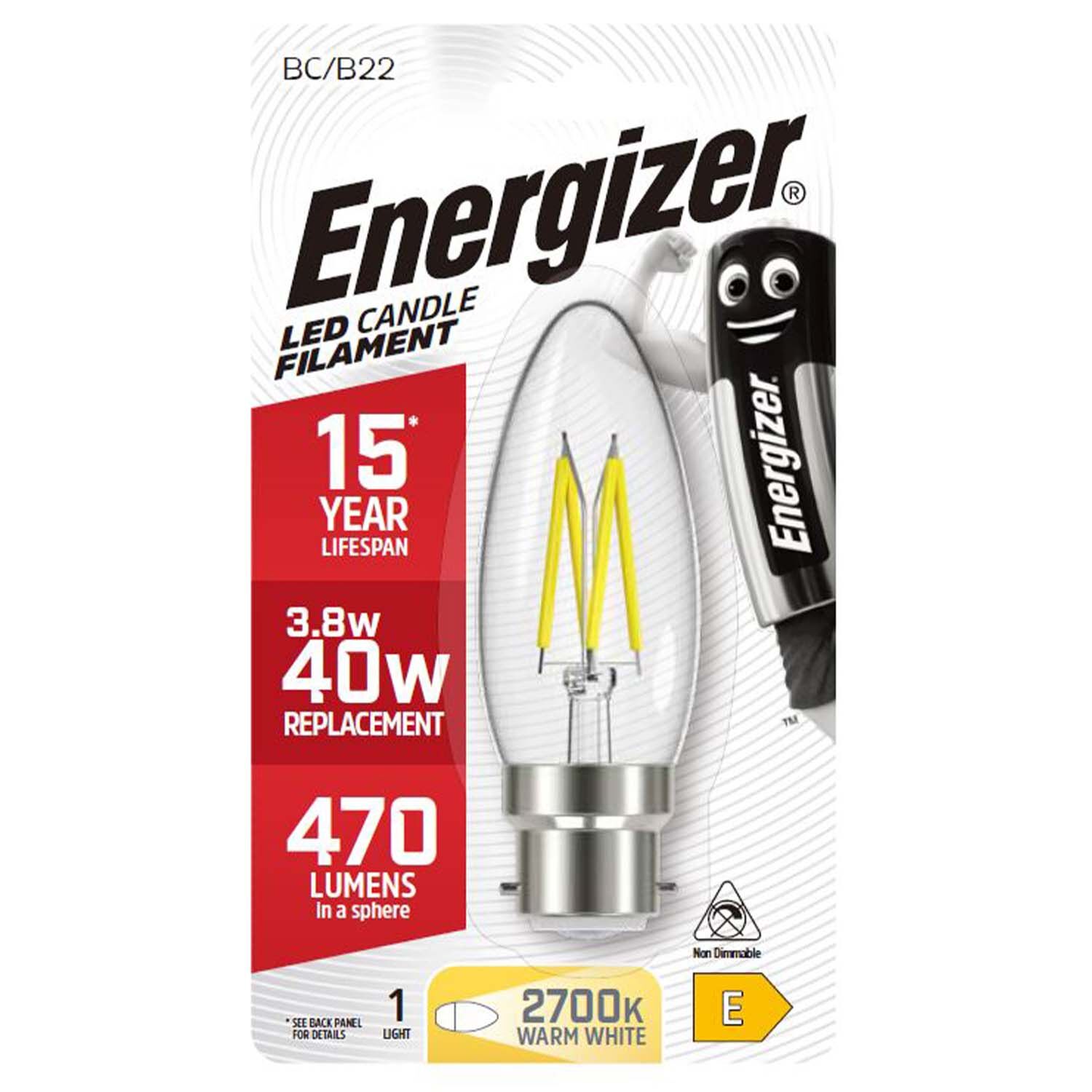 Energizer B22 LED Candle Bulb Clear 4W(40W)