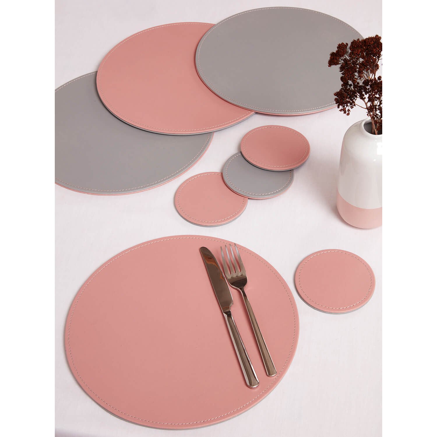 Reversible Round Placemats 4 Pack - Grey & Blush
