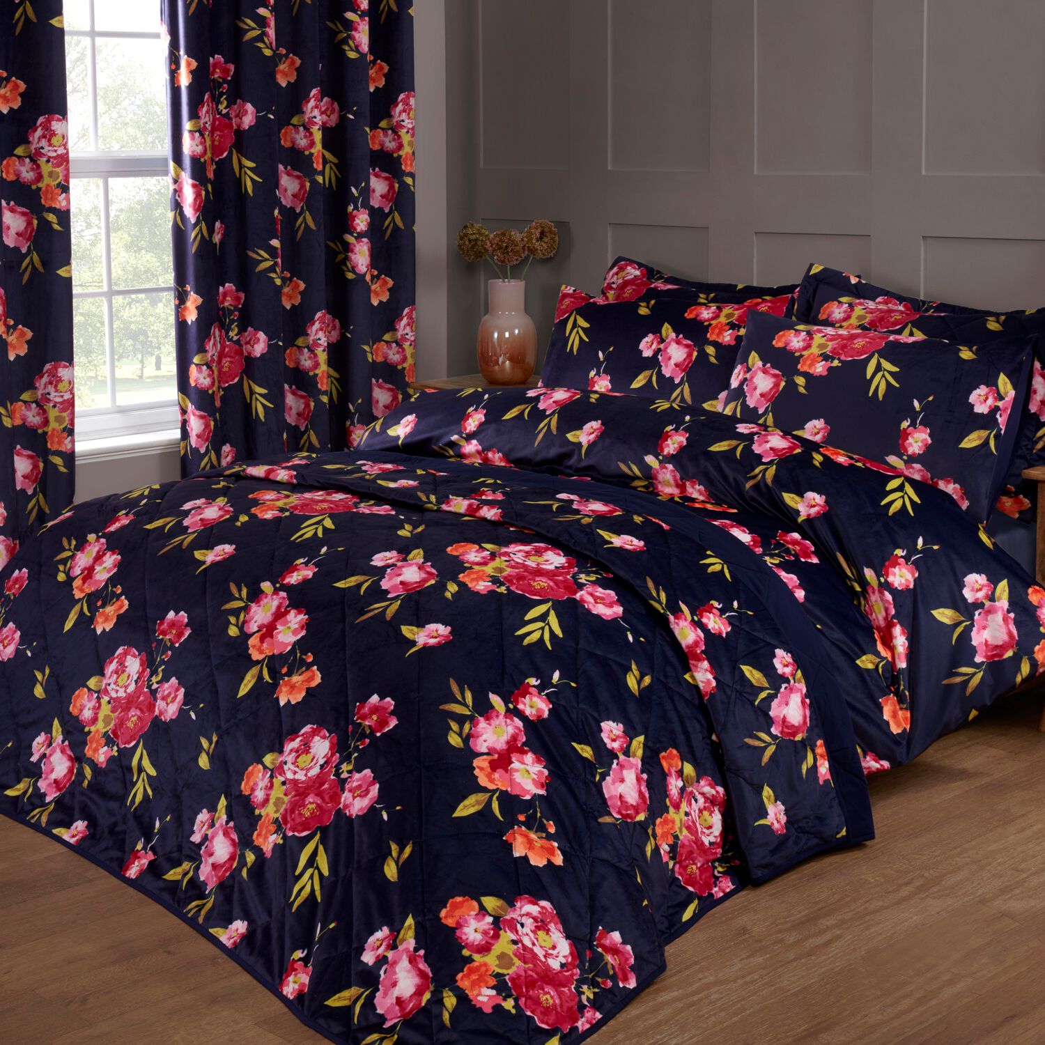 Velvet Floral Bedspread 200cm x 200cm - Navy