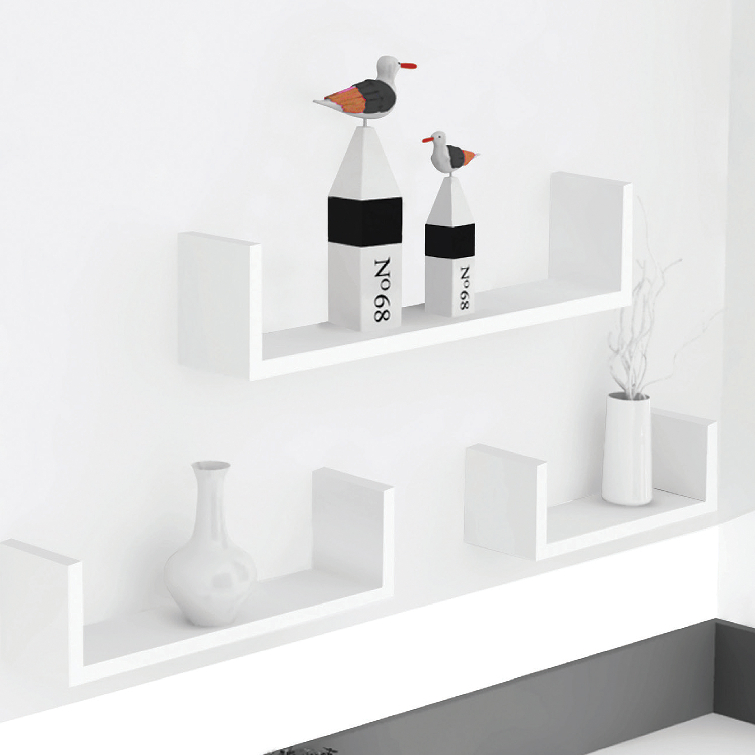 Bergen White 3 Set U Shape Floating Wall Shelf 084231