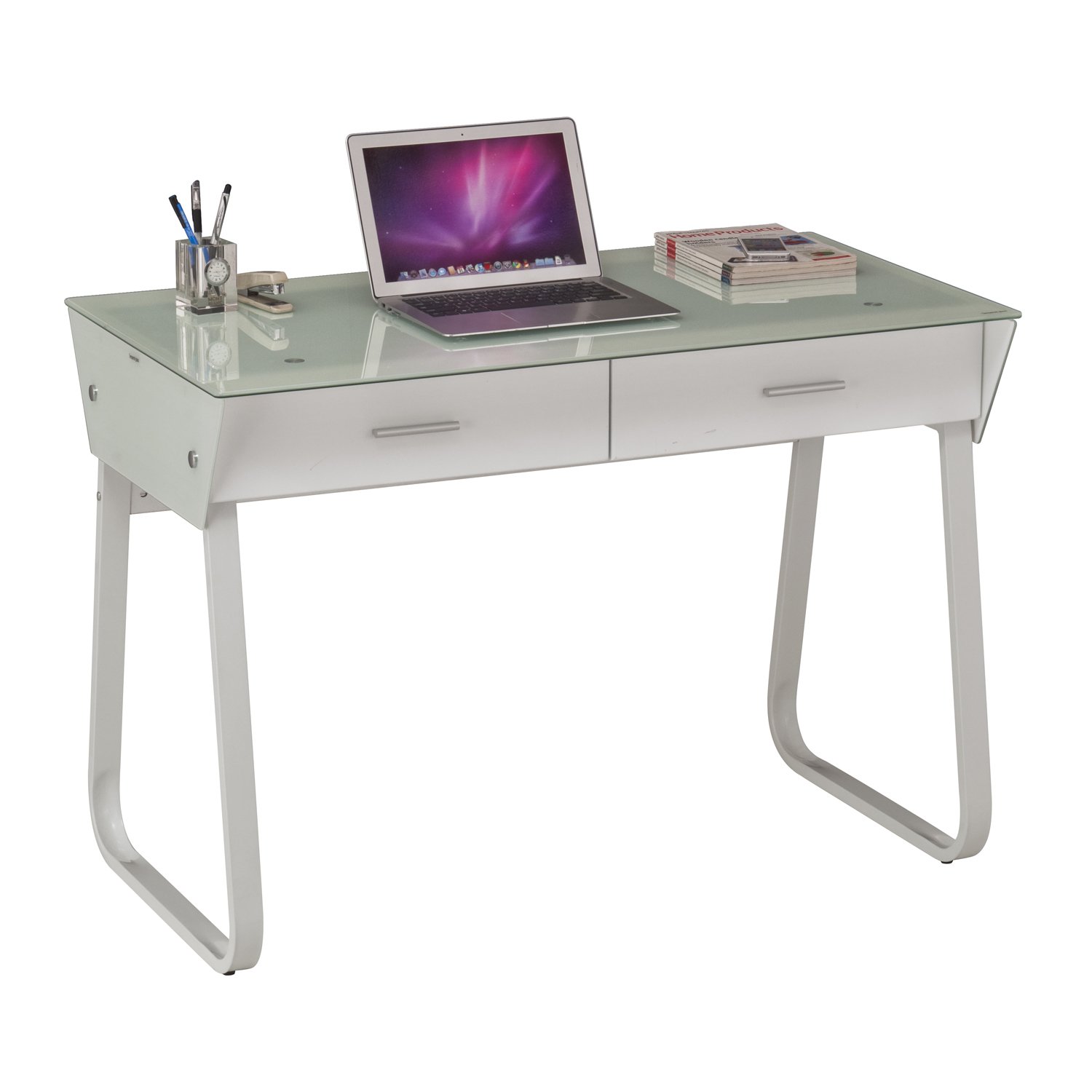 White Computer Desk Metal And Glass 067334
